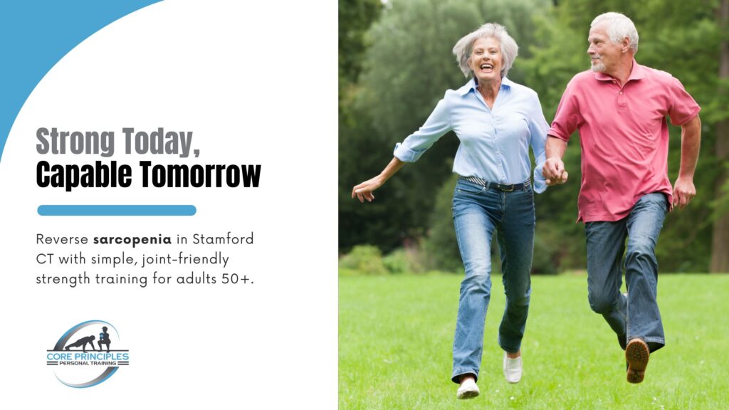 Active older couple running in a park—reversing sarcopenia after 50 in Stamford CT with strength training