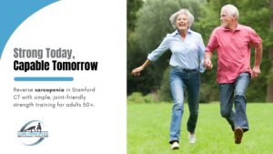 Active older couple running in a park—reversing sarcopenia after 50 in Stamford CT with strength training