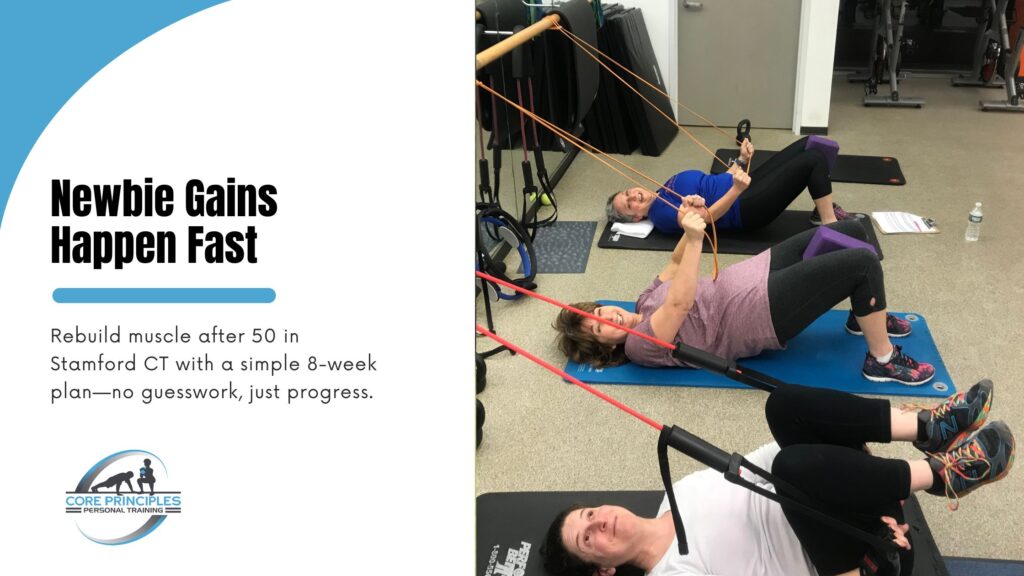 Adults over 50 performing banded rows on the floor in a small-group session—rebuilding muscle after 50 in Stamford CT