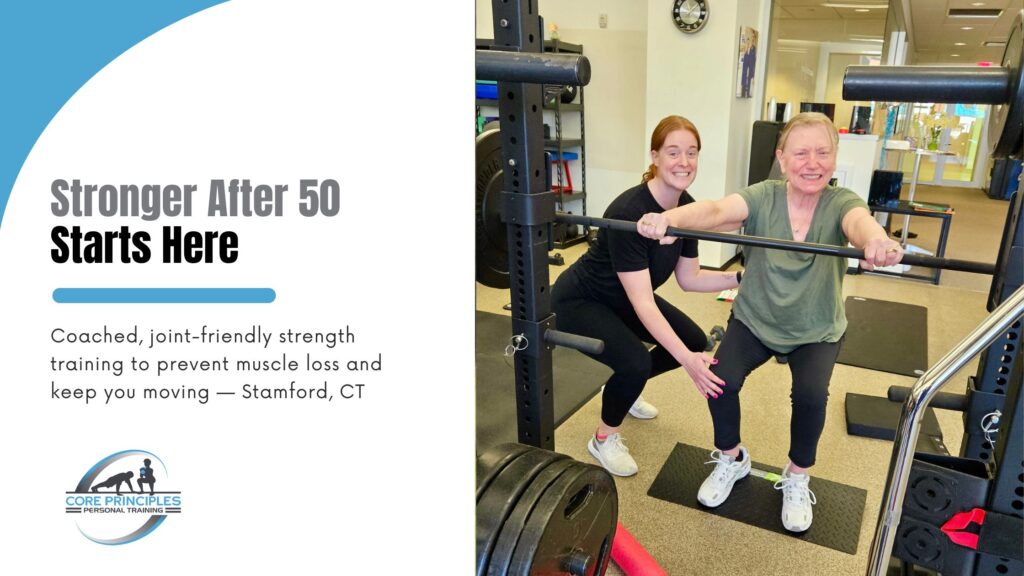 Older woman doing a coached box squat at Core Principles in Stamford CT to prevent muscle loss after 50