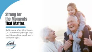 Grandparents in Stamford CT enjoying time with their granddaughter — strong, active, and smiling after building muscle after 50.