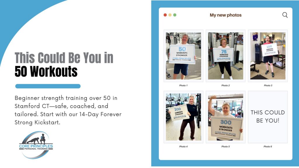 Adults 50+ holding milestone signs (50–300 workouts) at Core Principles Personal Training—beginner strength training over 50 in Stamford CT.