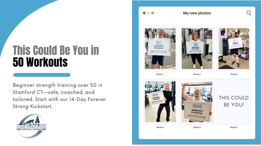 Adults 50+ holding milestone signs (50–300 workouts) at Core Principles Personal Training—beginner strength training over 50 in Stamford CT.