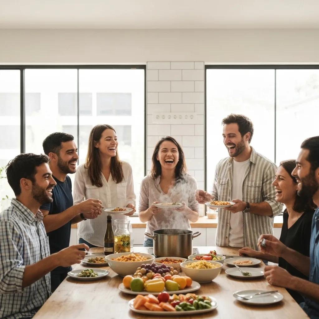 Group of individuals collaborating in a meal prep session, showcasing community support in nutrition coaching