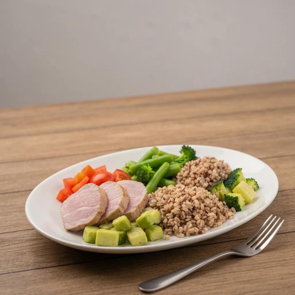 Balanced meal showcasing lean proteins, vegetables, and whole grains, emphasizing nutrition's role in fitness