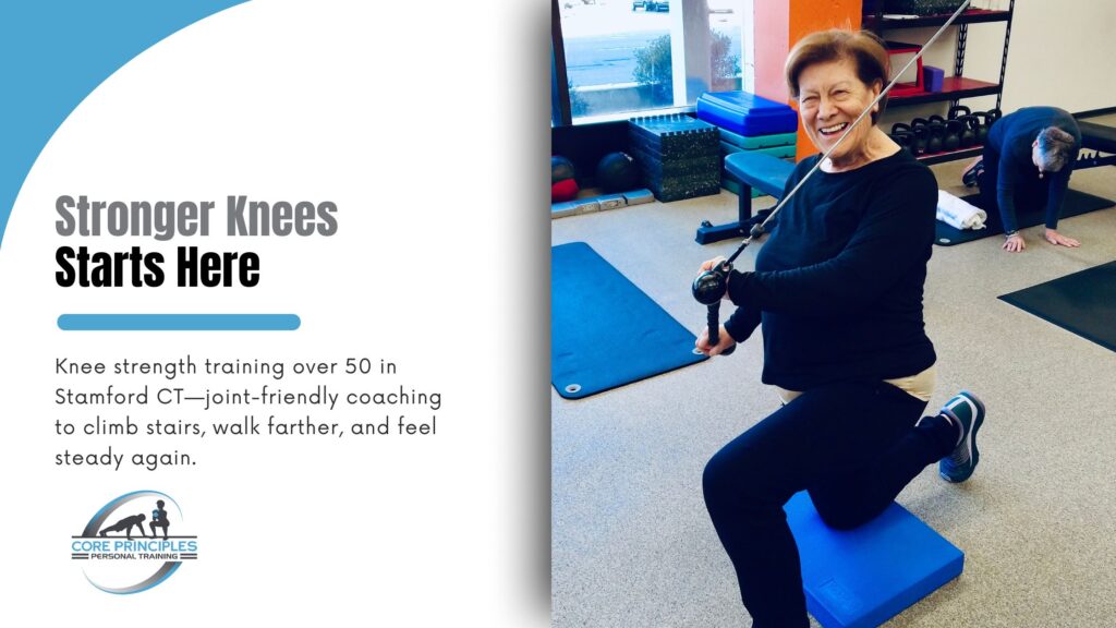Older adult woman performing cable press-down in half-kneeling position during knee strength training over 50 in Stamford CT at Core Principles.