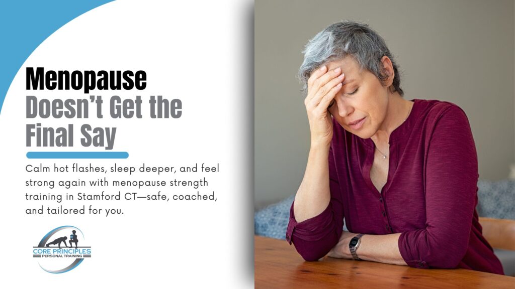 Woman in midlife with hand on forehead—ready to start menopause strength training in Stamford CT to steady energy and feel better.