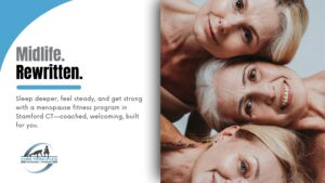 Three vibrant midlife women smiling together—celebrating strength and community from a menopause fitness program in Stamford CT.