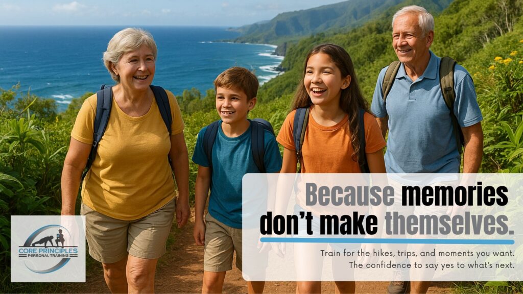 Grandparents hiking a coastal trail with grandchildren, showing the benefits of strength training for healthy aging
