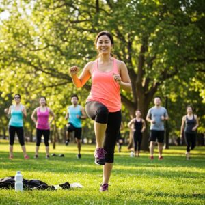 Diverse group of people exercising outdoors in Stamford, representing community wellness and fitness