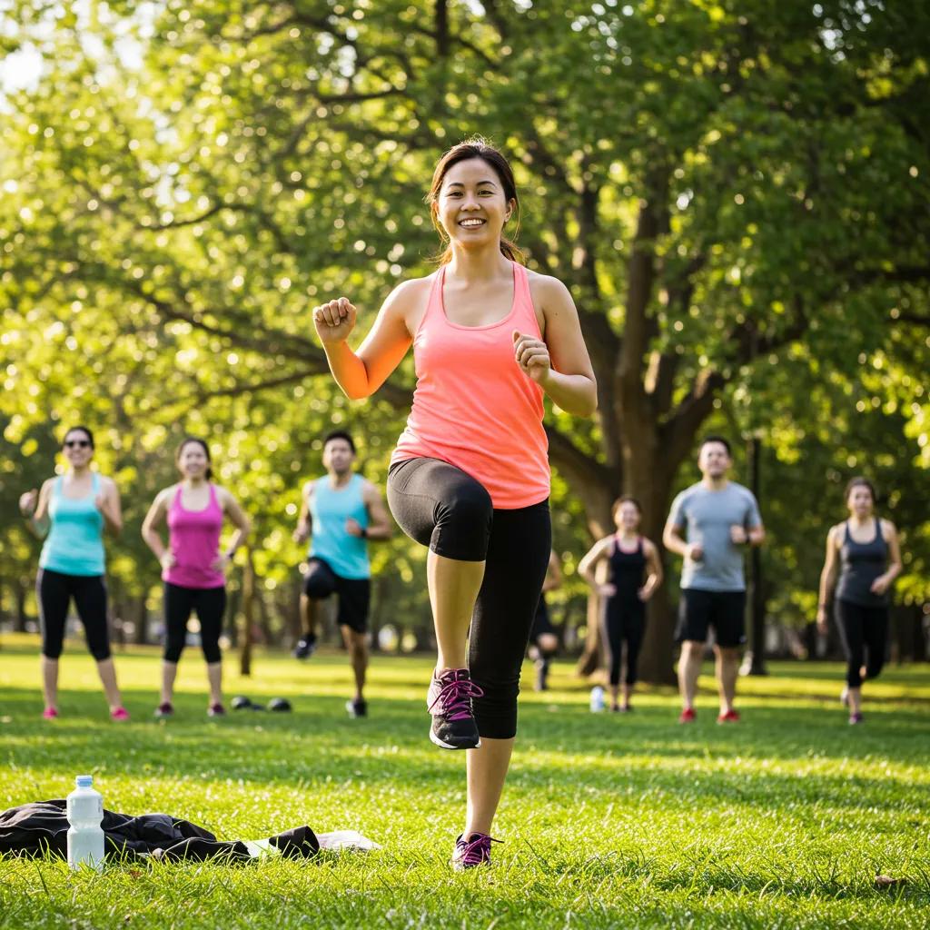 Diverse group of people exercising outdoors in Stamford, representing community wellness and fitness