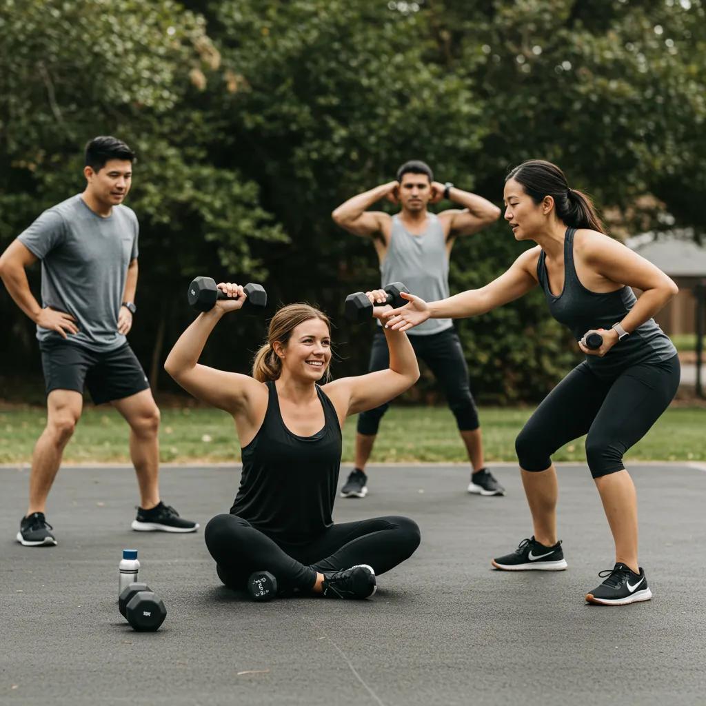 Group personal training session with a nutrition coach providing guidance on strength training