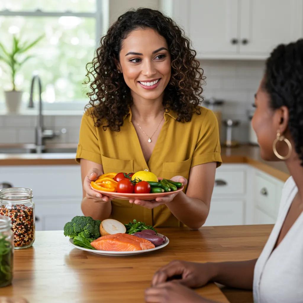 Nutrition coach and client discussing healthy meal options in a bright kitchen