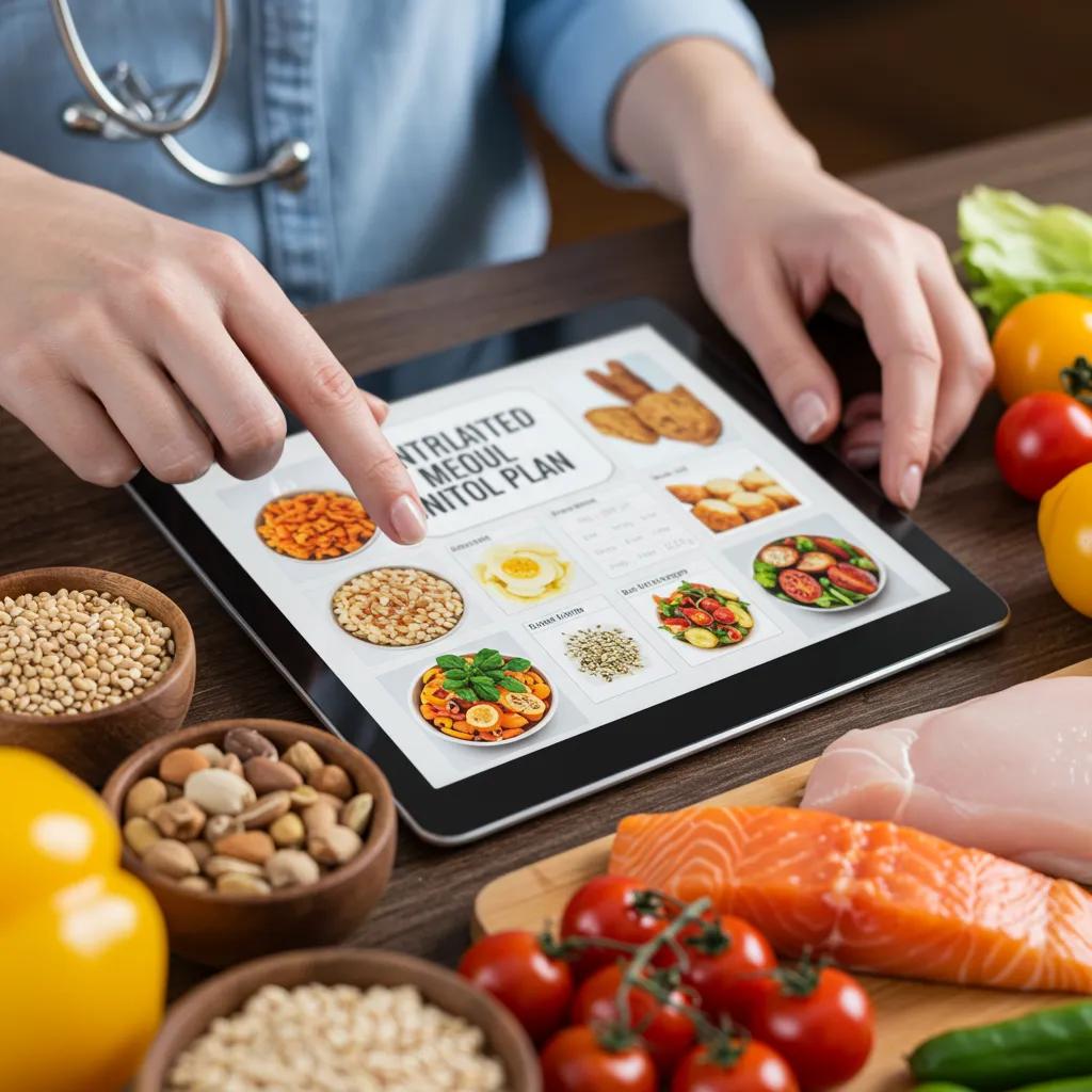 Nutritionist preparing a personalized meal plan with healthy food items, emphasizing tailored nutrition coaching