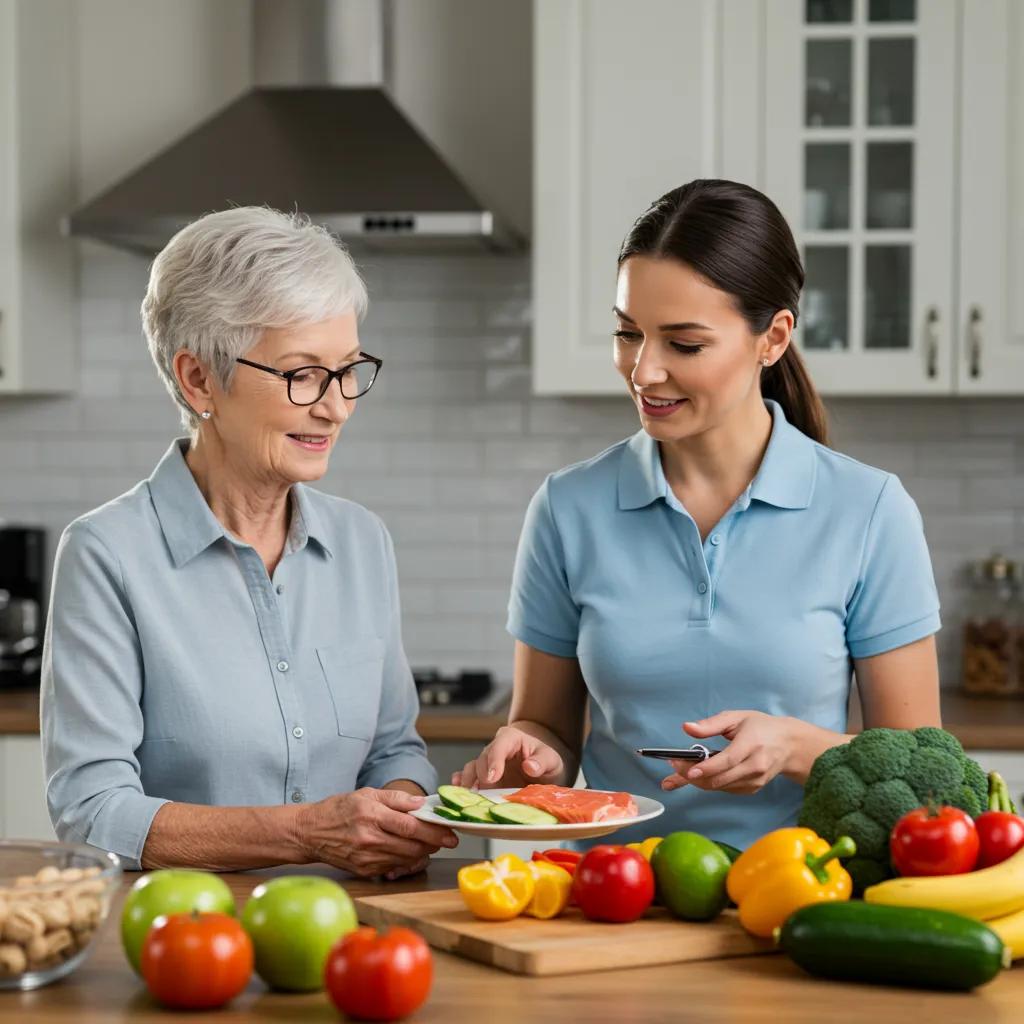 Senior consulting with a nutrition coach about healthy eating, emphasizing nutrition's role in fitness