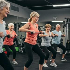 Seniors engaged in small group personal training, showcasing community and fitness