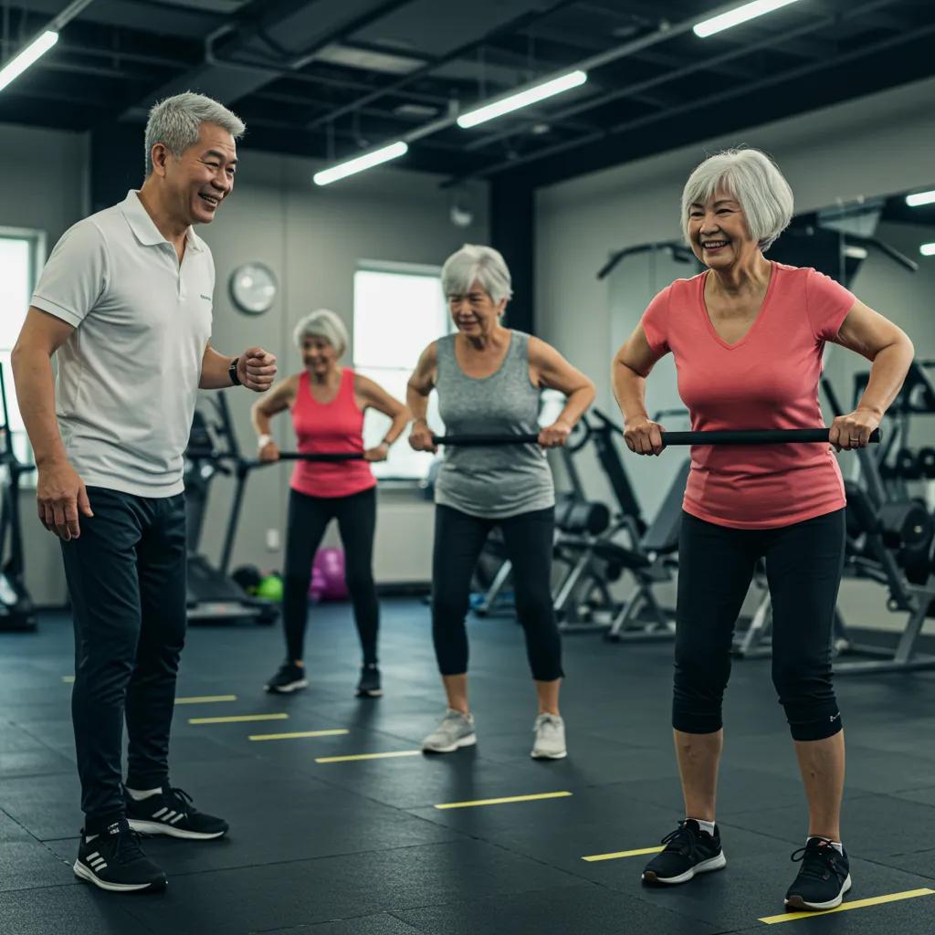 Seniors engaged in small group personal training, showcasing exercise and community support