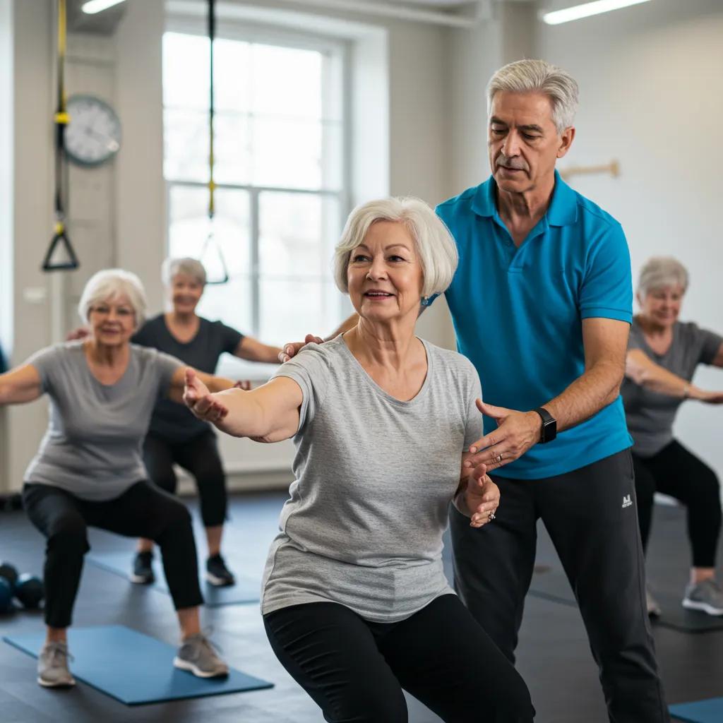 Trainer assisting a senior in a small group training session, highlighting personalized attention and safety
