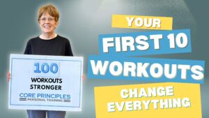 Start Strength Training at 50. Woman celebrating 100 coached workouts—strength training for adults 50+
