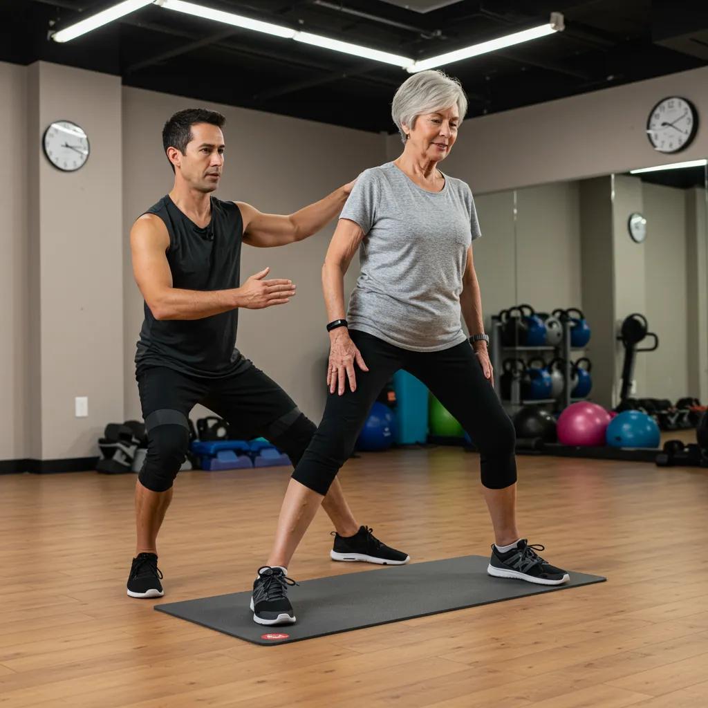 Instructor demonstrating mobility exercises to an older adult, focusing on joint health and flexibility
