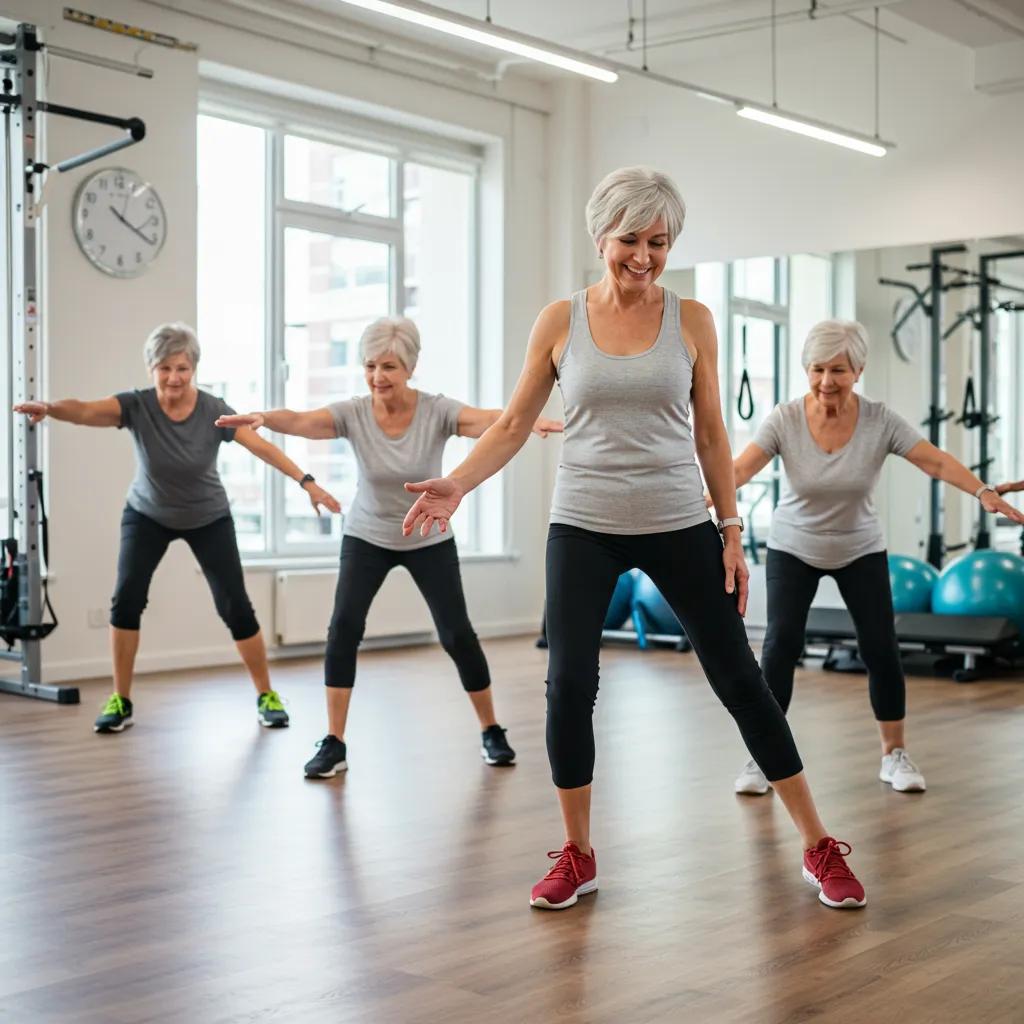 Instructor guiding seniors in a small group workout, emphasizing safety and personalized attention