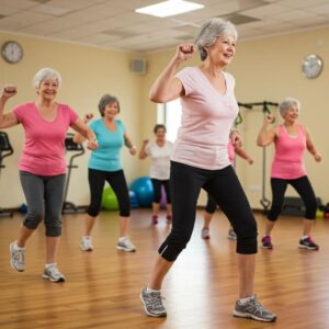 Older adults engaging in a low-impact workout class in Stamford, promoting health and mobility