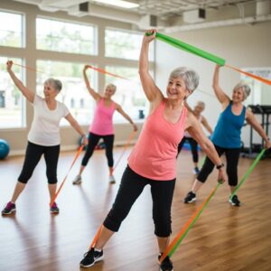 Older adults engaging in a Stamford strength and mobility class, showcasing community and active aging