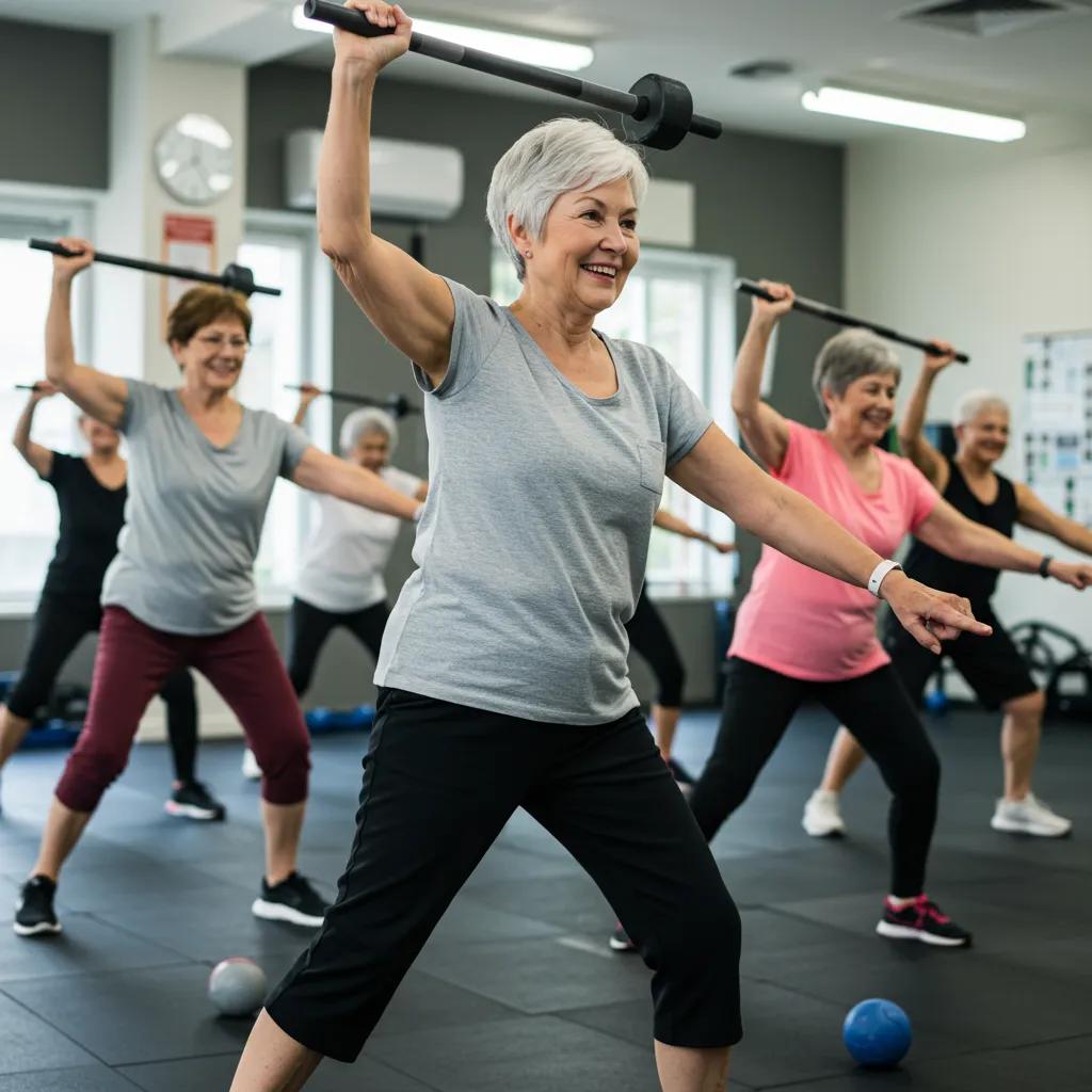 Older adults participating in a group workout class, highlighting the benefits of social support and structured programming