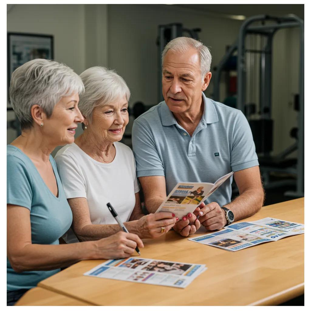 Senior couple consulting with a fitness instructor about choosing the right class for their needs