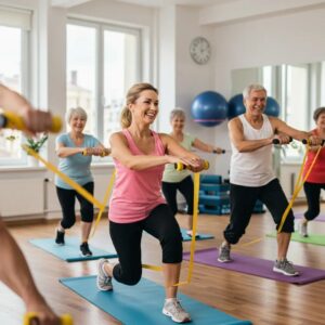 Seniors engaging in a group workout class, promoting healthy aging and community support