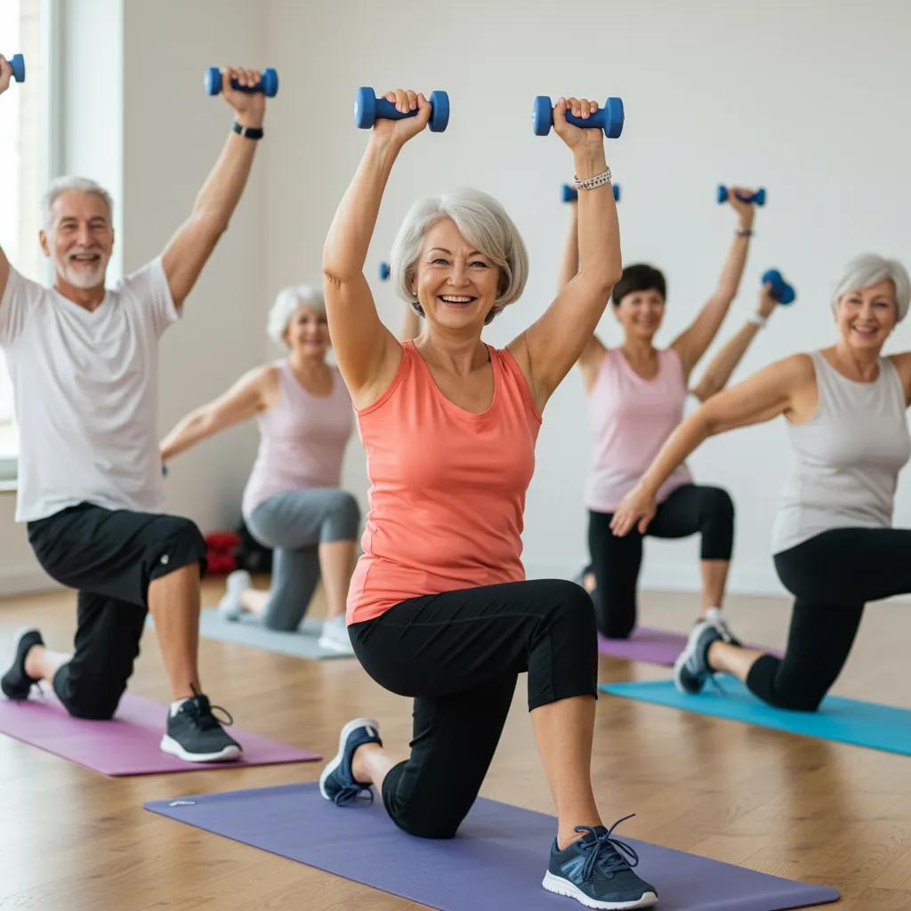 Seniors participating in a small group workout class, showcasing fitness for older adults