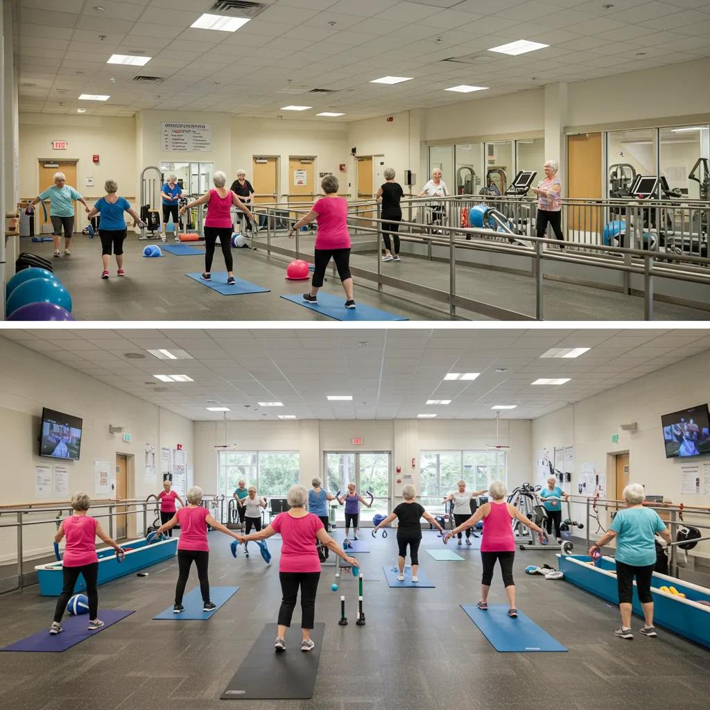 Seniors participating in diverse exercise classes at a community fitness center, promoting active aging