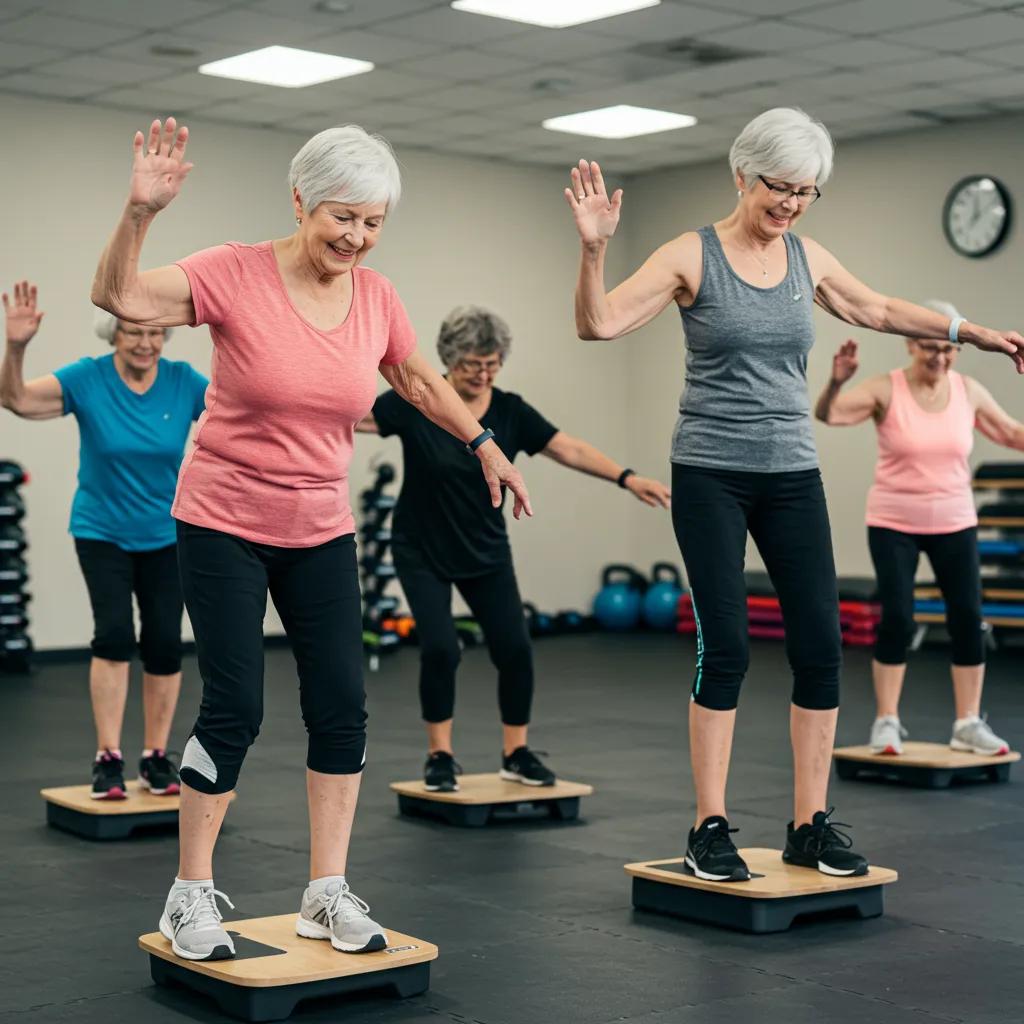 Seniors practicing balance exercises in a group fitness class, enhancing physical stability and strength