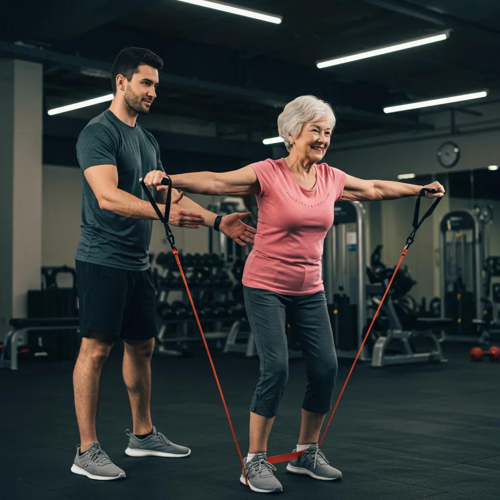Trainer assisting an older adult with strength training, showcasing personalized fitness support
