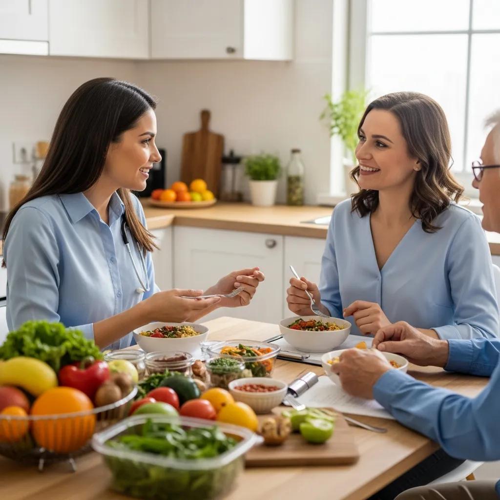 A nutrition coach discussing healthy meal plans with an older adult in a kitchen, highlighting personalized nutrition for seniors