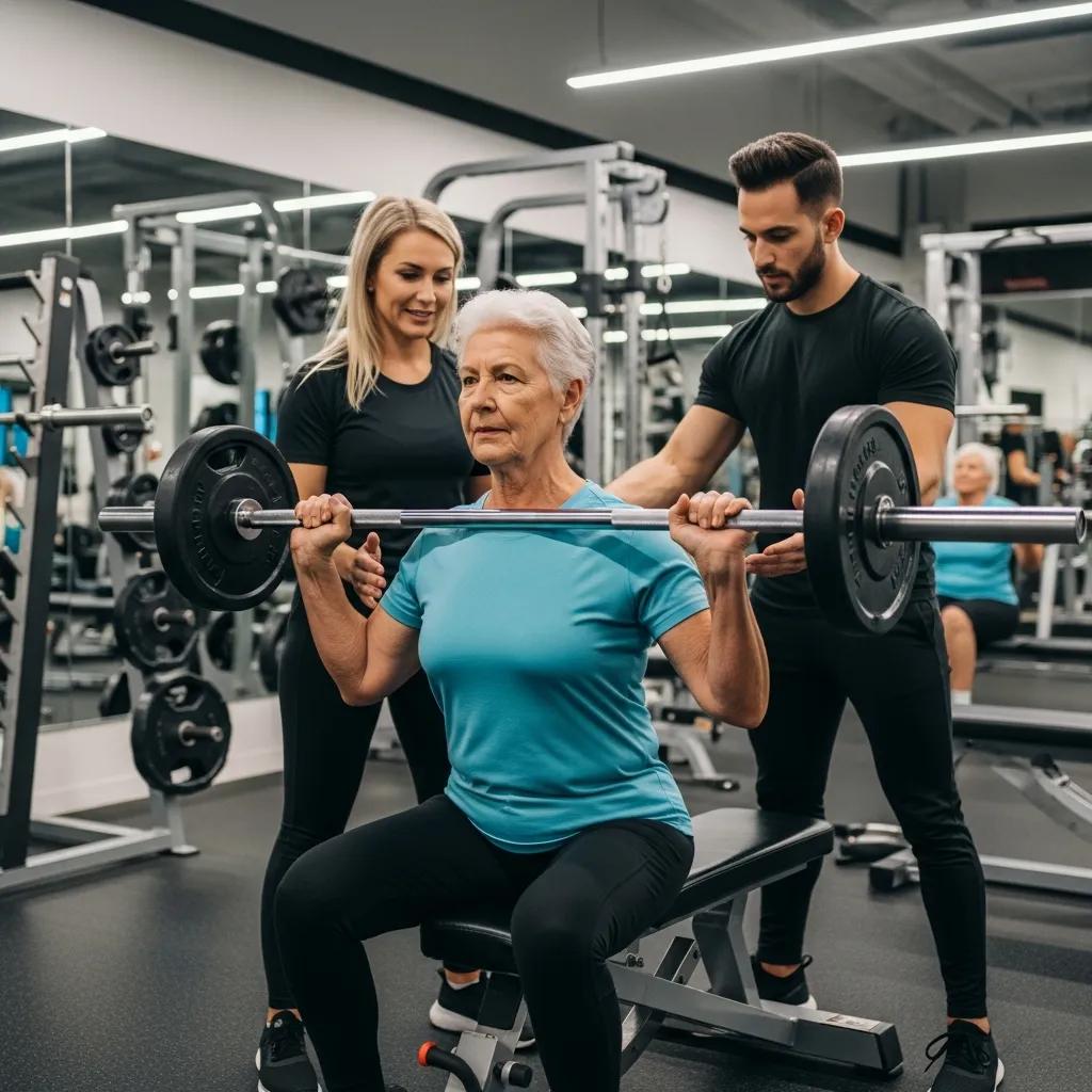 An older adult engaged in strength training with a trainer, emphasizing the benefits of exercise for seniors