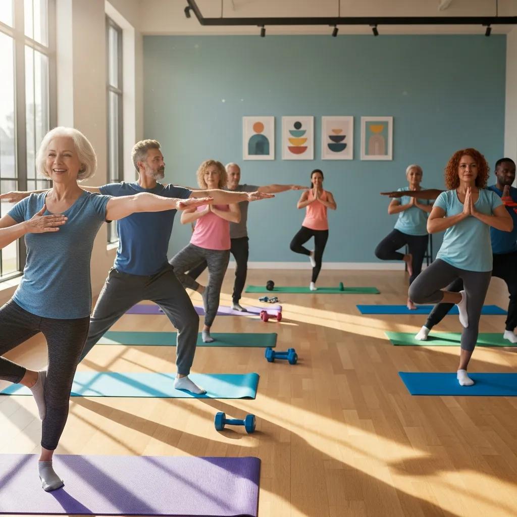 Group of older adults engaged in strength and balance exercises in a fitness studio