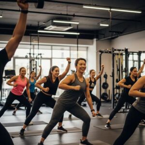 Group workout class in Stamford showcasing diverse participants engaged in fitness activities