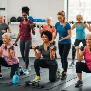 Older adults participating in a nutrition and workout class, showcasing strength training and community engagement