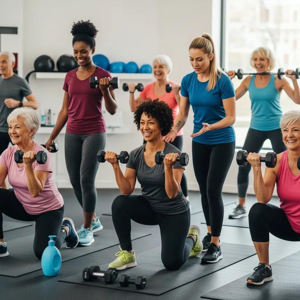 Older adults participating in a nutrition and workout class, showcasing strength training and community engagement
