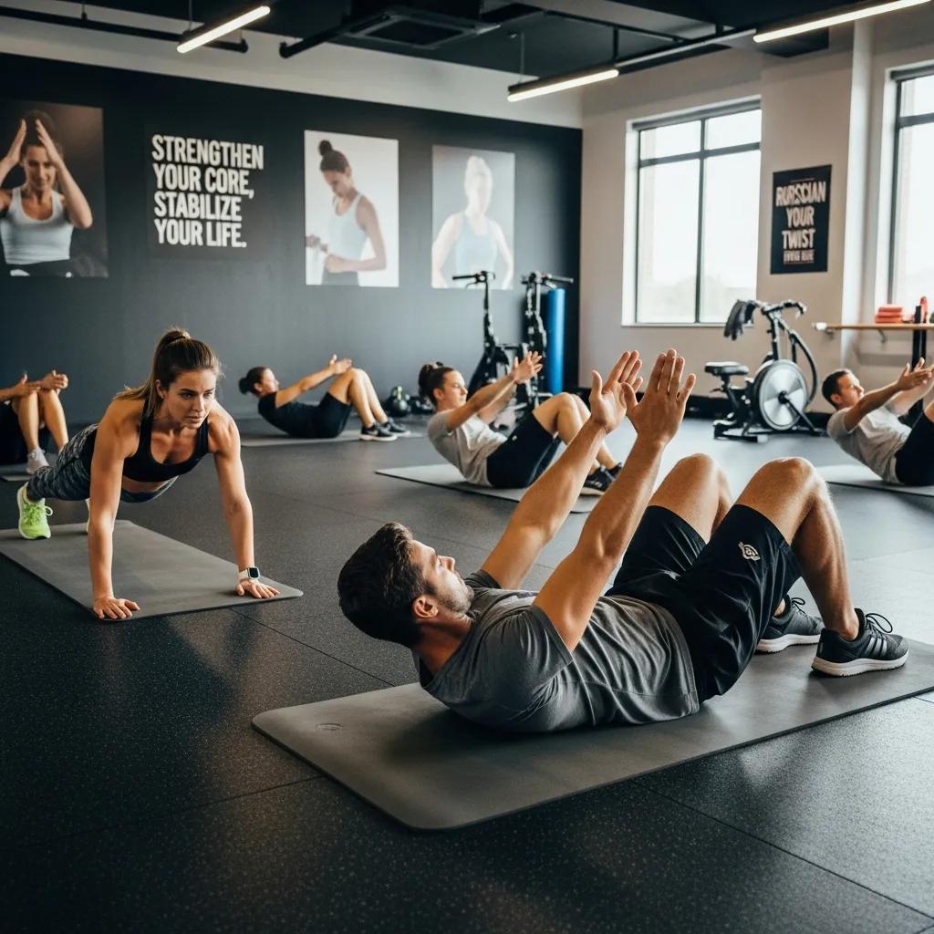 Participants practicing core strength exercises in a fitness class setting