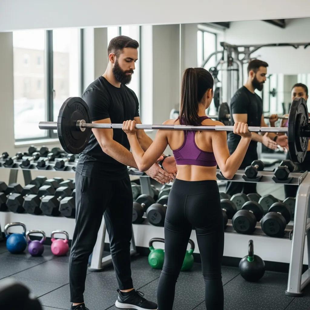 Personal trainer guiding a client through a strength training session in a gym