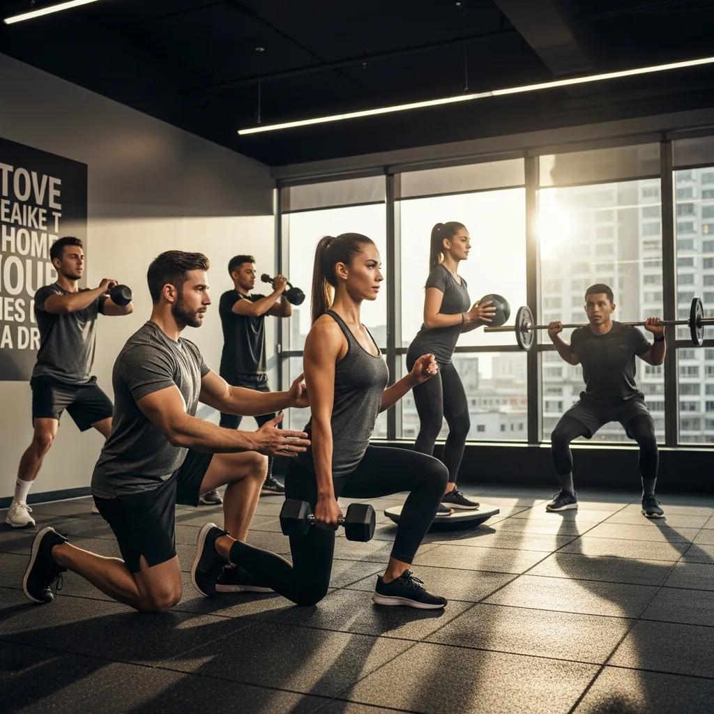 Trainer assisting participants in a small group strength and balance training session