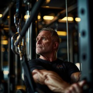 a dynamic and empowering scene inside a personal training gym in culver city, featuring an inspiring middle-aged individual engaged in an intense workout, surrounded by modern fitness equipment and energetic atmosphere, conveying a strong journey of transformation and resilience.