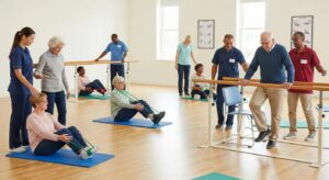 Older adults practicing fall prevention exercises with caregivers in a supportive environment
