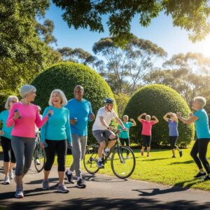 Seniors engaging in cardio workouts outdoors, promoting heart health and fitness