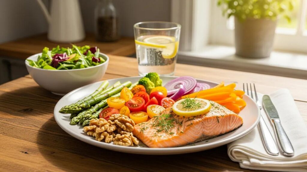Balanced meal with omega-3 rich foods and fresh vegetables on a kitchen table