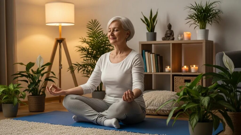 Older adult meditating in a cozy indoor space, practicing mindfulness
