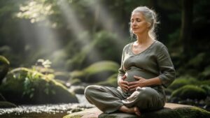 Older adult practicing deep belly breathing in a tranquil outdoor setting