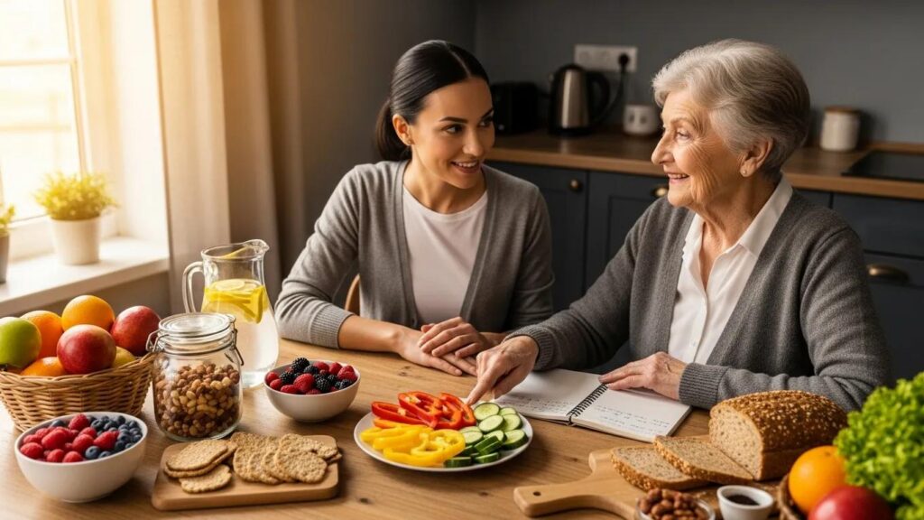 Senior discussing nutrition with a coach at a kitchen table with healthy food options